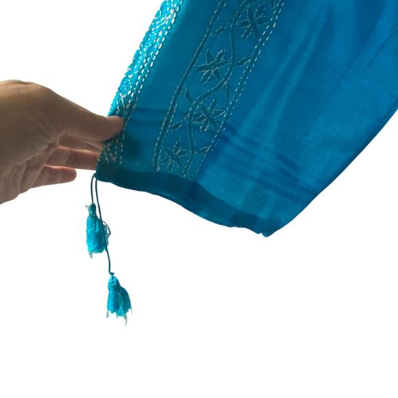 Blue Embroidered Long Sleeve Sz S  Silk Ethnic Top Boho Festival Blouse - Picture 7 of 10